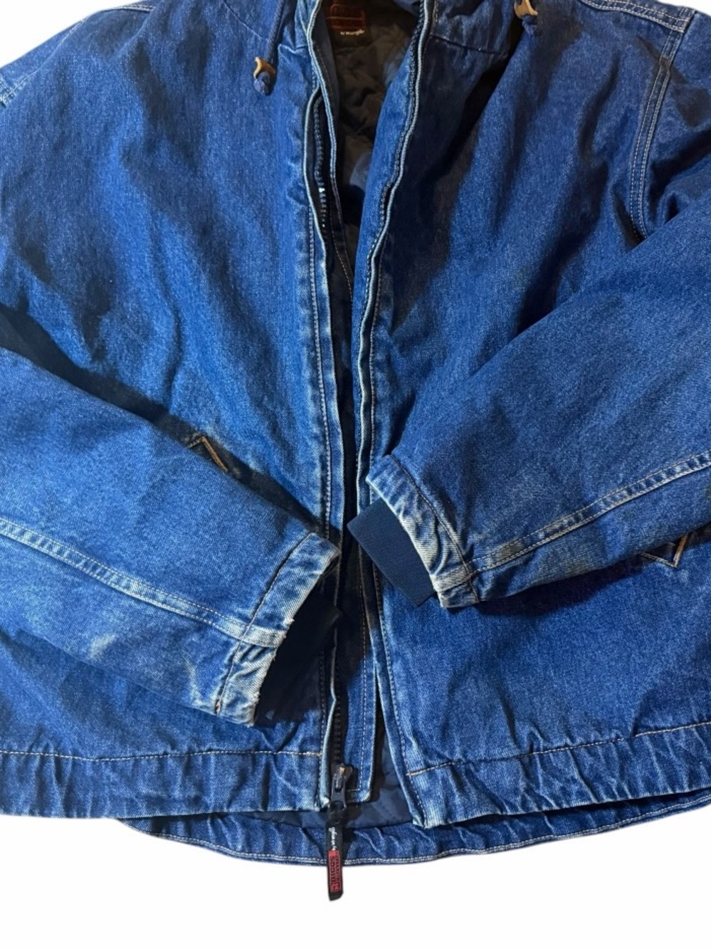 VTG Wrangler Riggs Denim Hooded Winter Jacket Work Quilt Lined Chore Mens Y2K - Picture 9 of 9